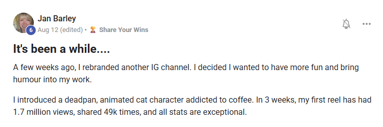 Post in the Viral AI Academy community: Jan's first reel with a new animated character did 1.7 million views and 49,000 shares in three weeks