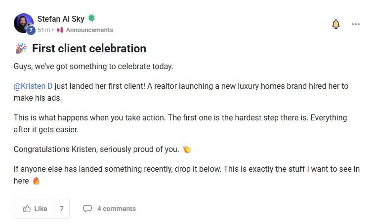 Post in the Viral AI Academy community: Kristen landed her first client, a realtor launching a new luxury homes brand